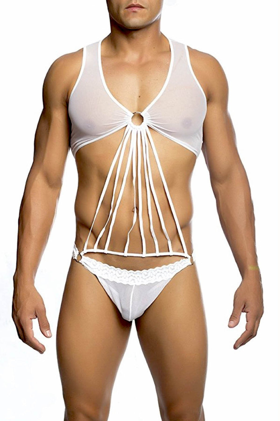 Male Basics White Tie-Me-Up Thong Bodysuit