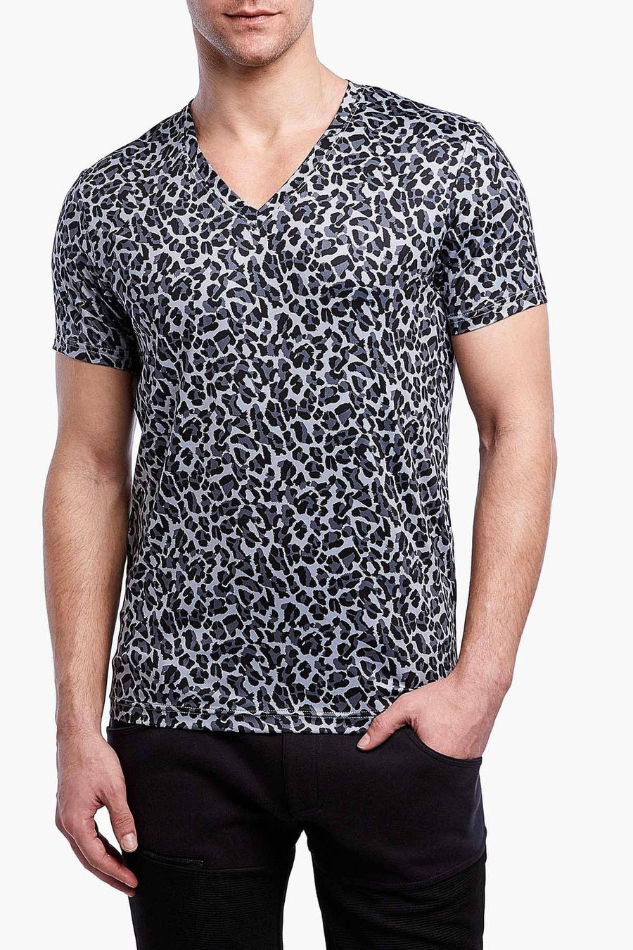 2(X)IST Cloud-Grey Cheetah-Print Mesh Performance V-Neck Tee