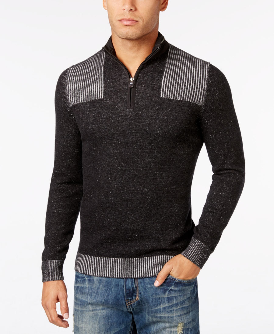 INC International Concepts Deep-Black Quarter-Zip Ribbed-Shouler Pull-Overk