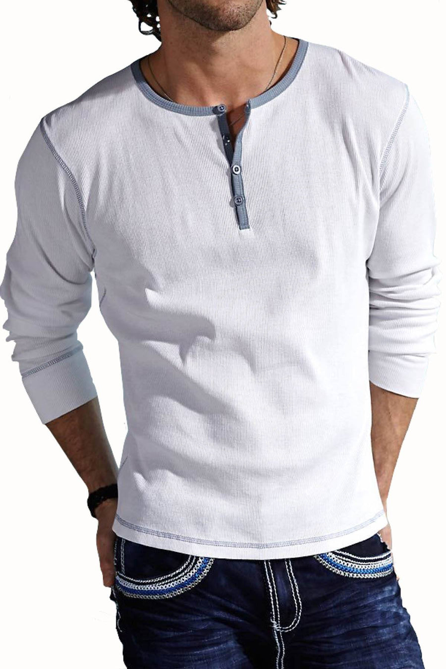 P.O.V. White Contrast Placket Henley