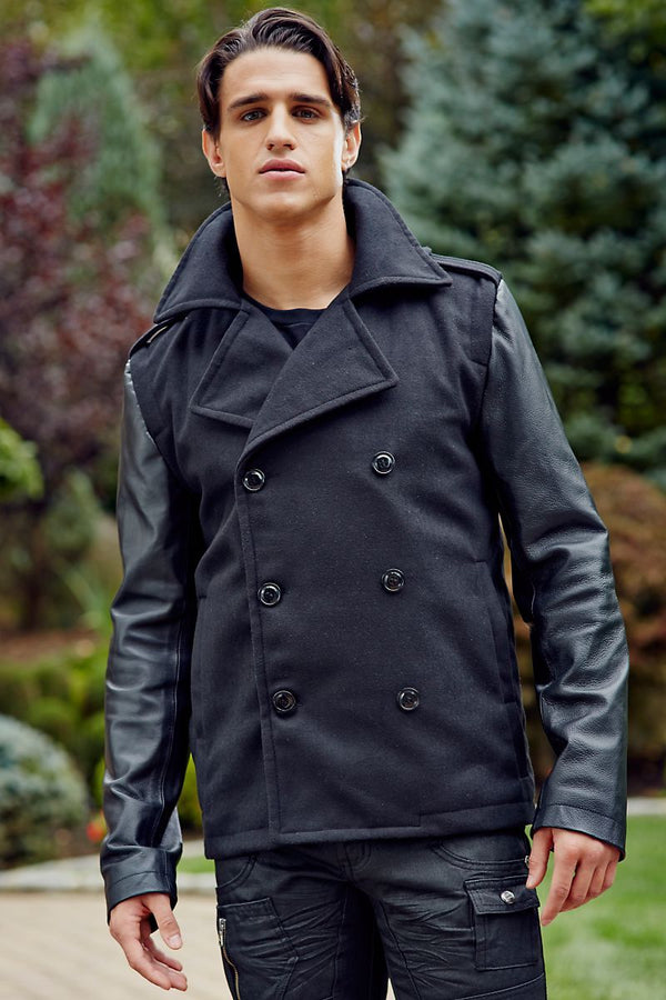 P.O.V. Black Peacoat with Leather Sleeves
