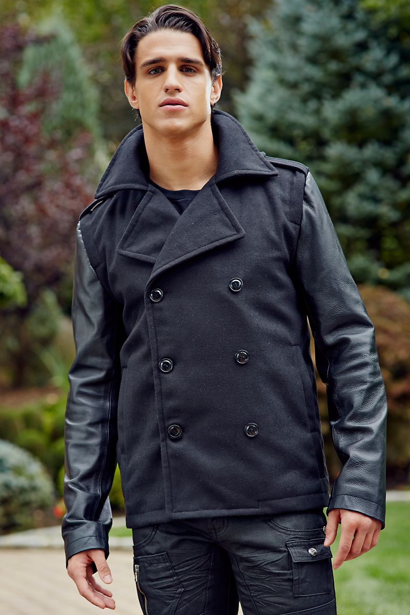 P.O.V. Black Peacoat with Leather Sleeves