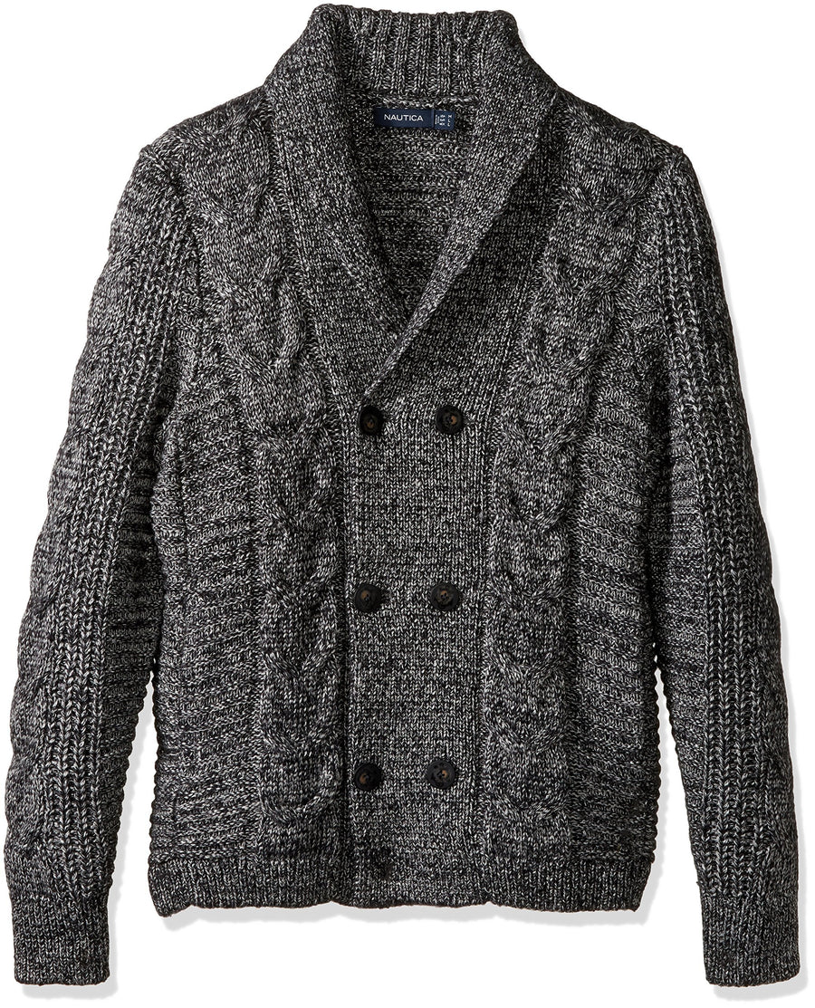 Nautica Long Sleeve Textured Shawl Collar Double Breasted Peacoat Sweater True Black Medium