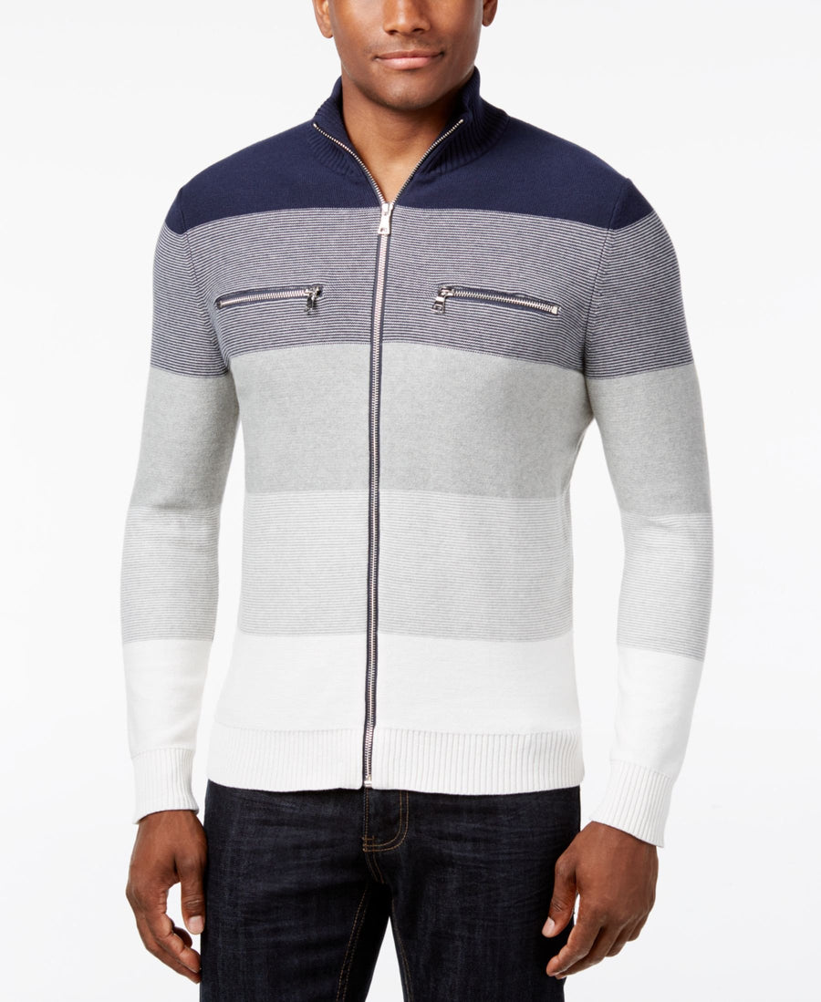 INC International Concepts Copperfield Striped Zip-Front Sweater Medium