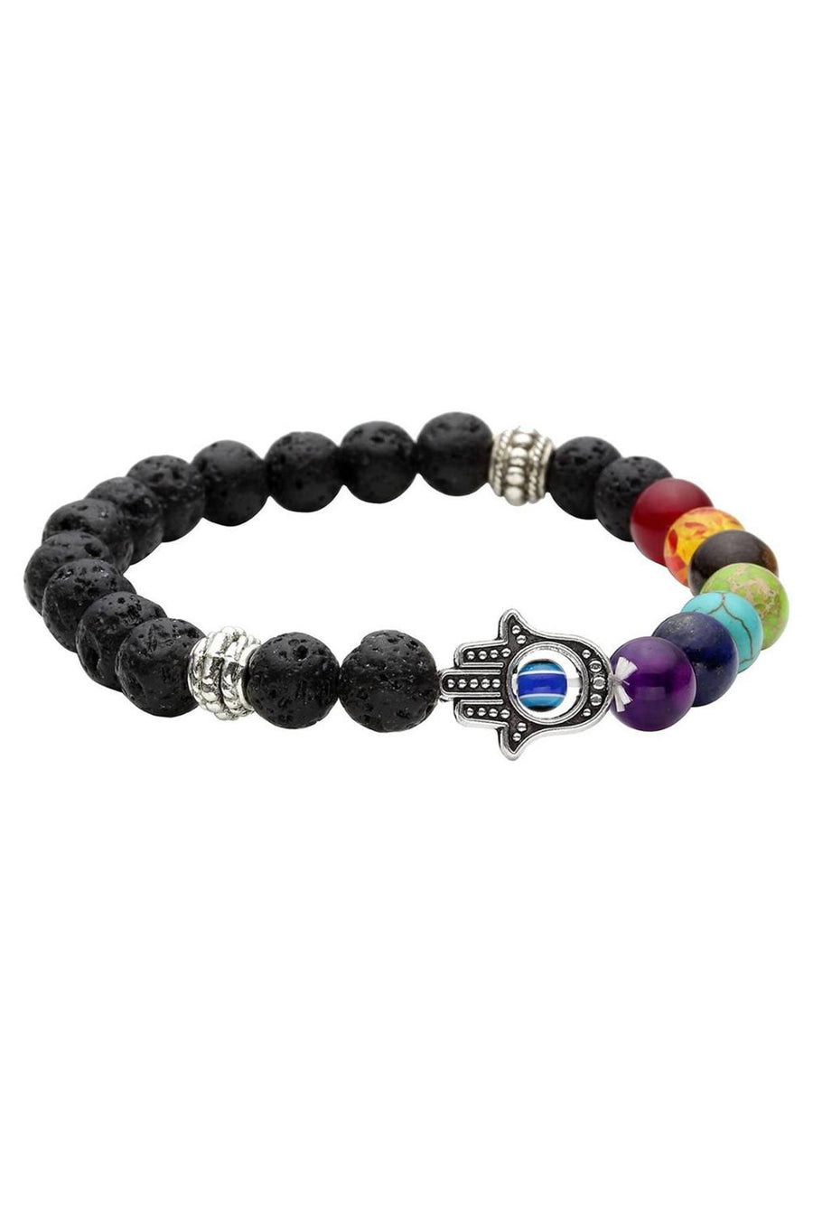 7-Chakra Black Lava-Stone Healing Hamsa Bracelet