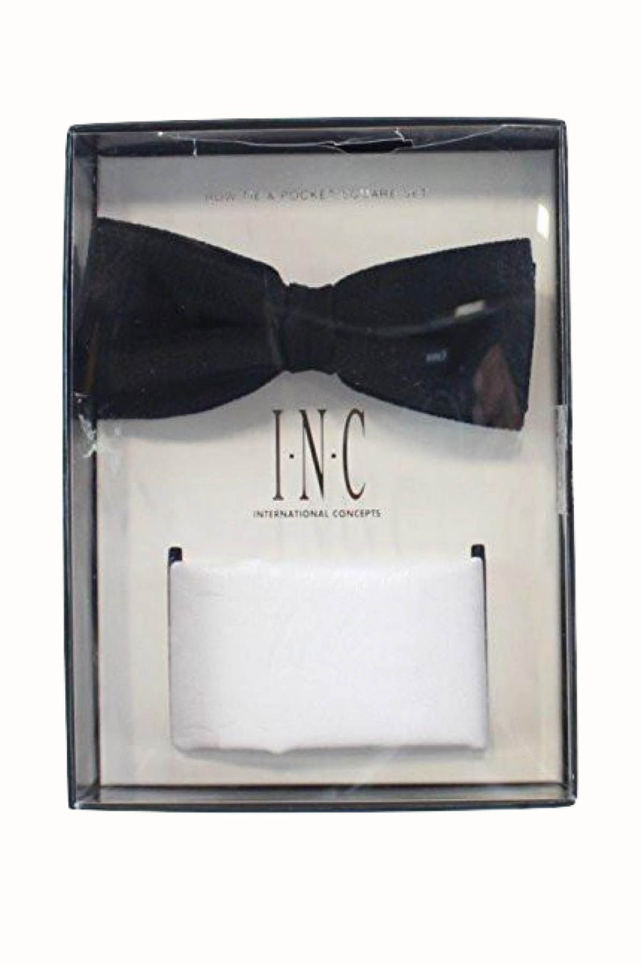 INC International Concepts White Pre-Tied Velvet Bow Tie Pocket Square Set Black