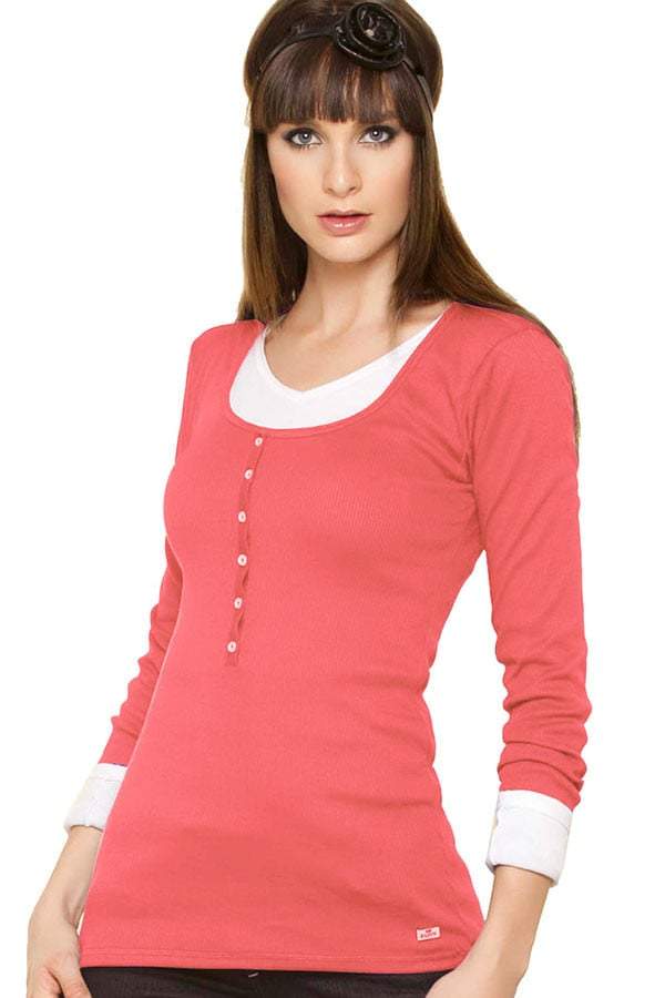 Fiory Coral Ribbed Long Sleeve Henley