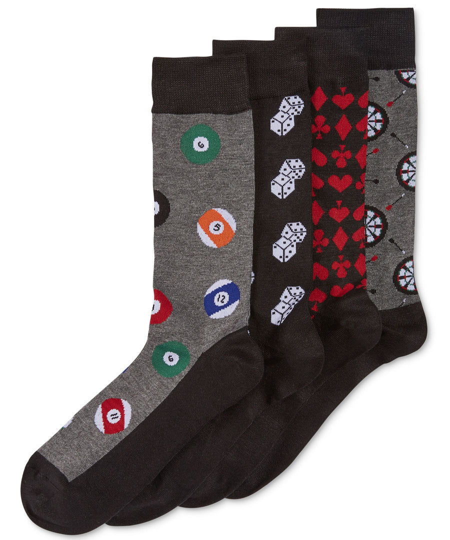 Club Room 4-Pack Gamer Pattern Socks Gift Box Dice/Darts/Billiards/Cards