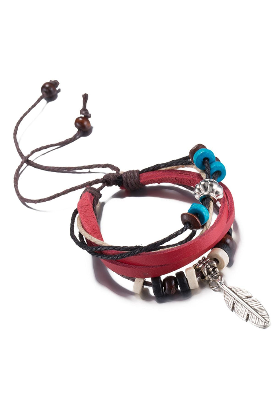 Red Leather Feather Charm Bracelet