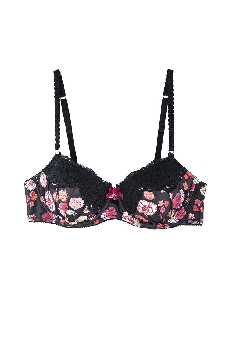 Christian Lacroix Black Carnation Satin Imprimer Balconette Bra