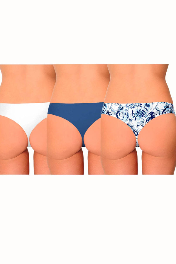AQS 3Pk Blue Flowers Laser Cut Thong