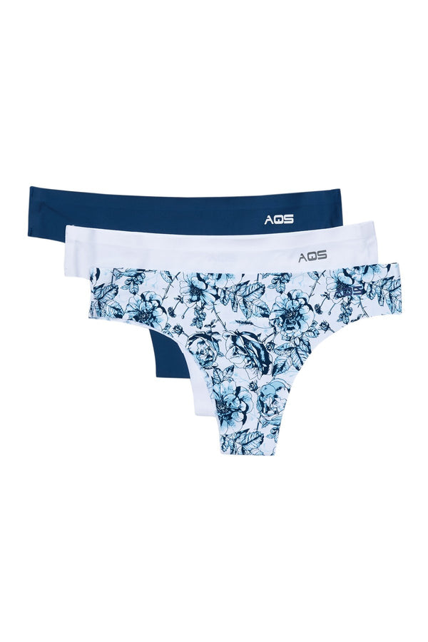 AQS 3Pk Blue Flowers Laser Cut Thong