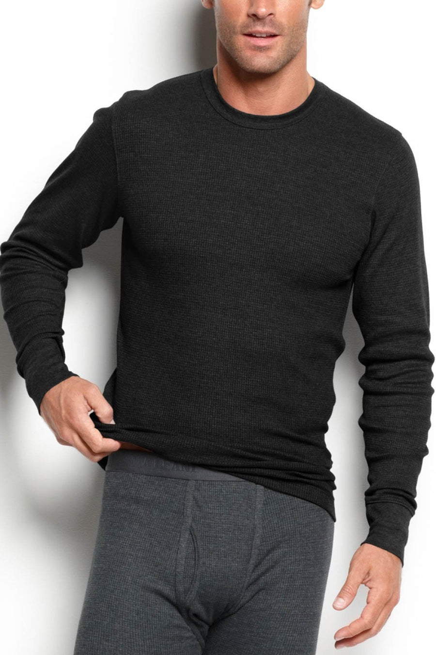 Alfani Black Thermal Knit Waffle Crew-Neck Shirt