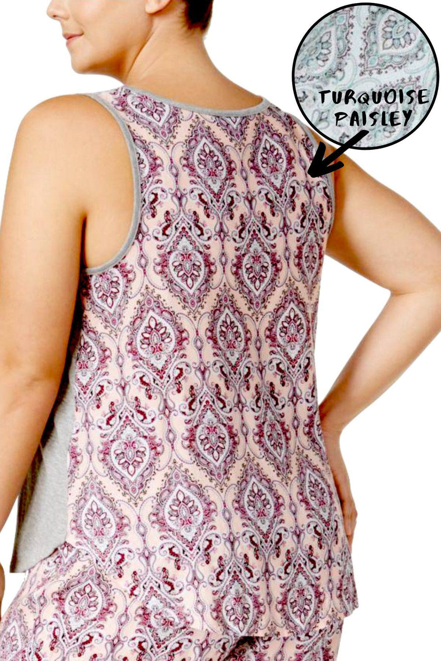 Alfani Intimates Grey/Turquoise-Paisley Printed-Back Lounge Tank