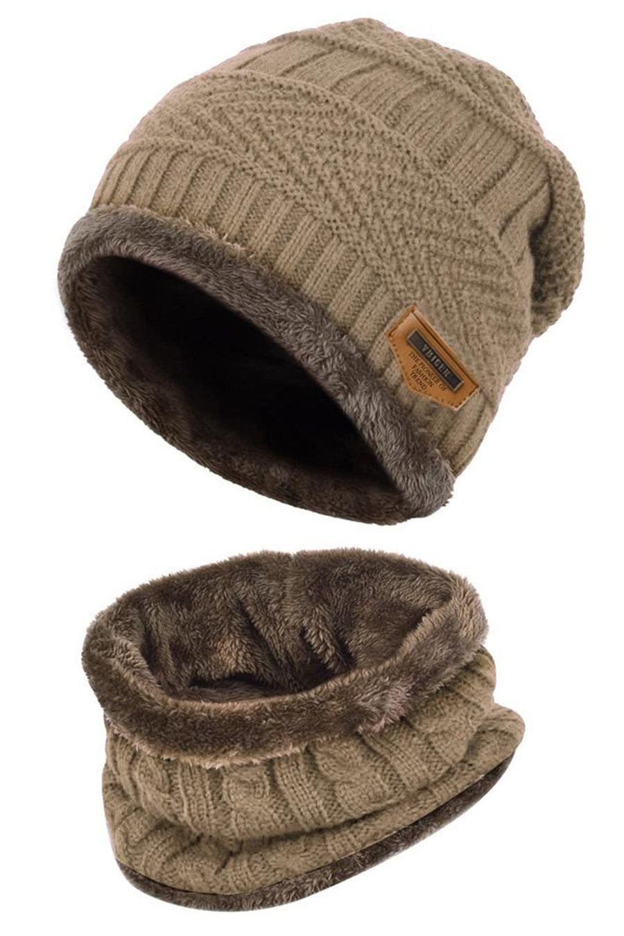 All-Match Tan Ultra-Soft 2Pc Fleece-Lined Beanie/Neck Warmer