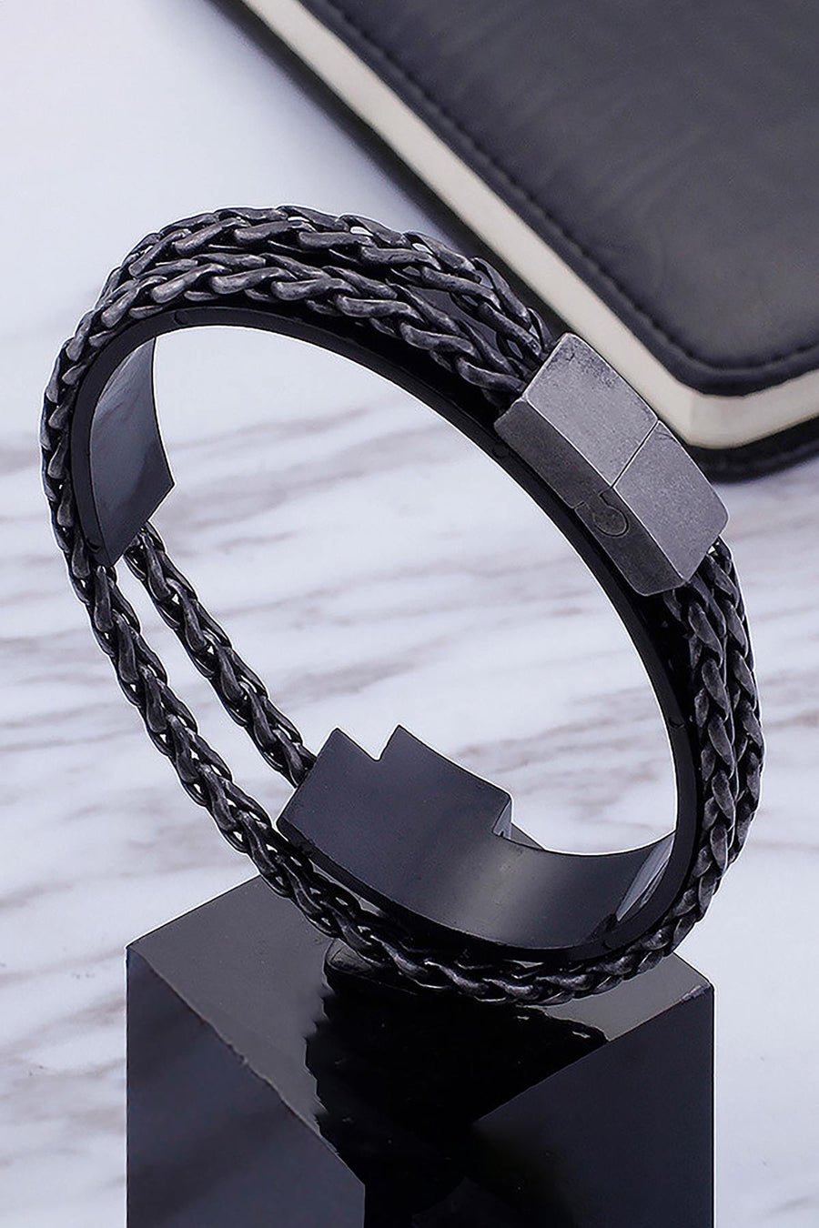 Antiqued Black Stainless Steel Double Chain Bracelet