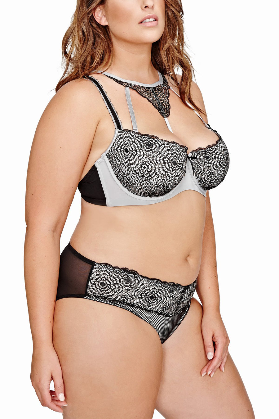 Ashley Graham PLUS Black/Silver-Rain Diva Lace Underwire Demi Bra