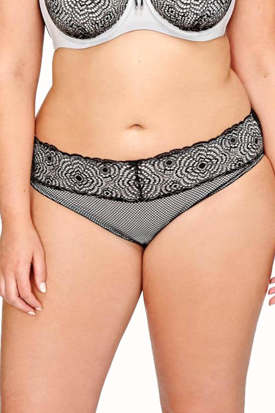 Ashley Graham PLUS Silver-Rain/Black Low-Rise Lace-Waist Bikini Brief