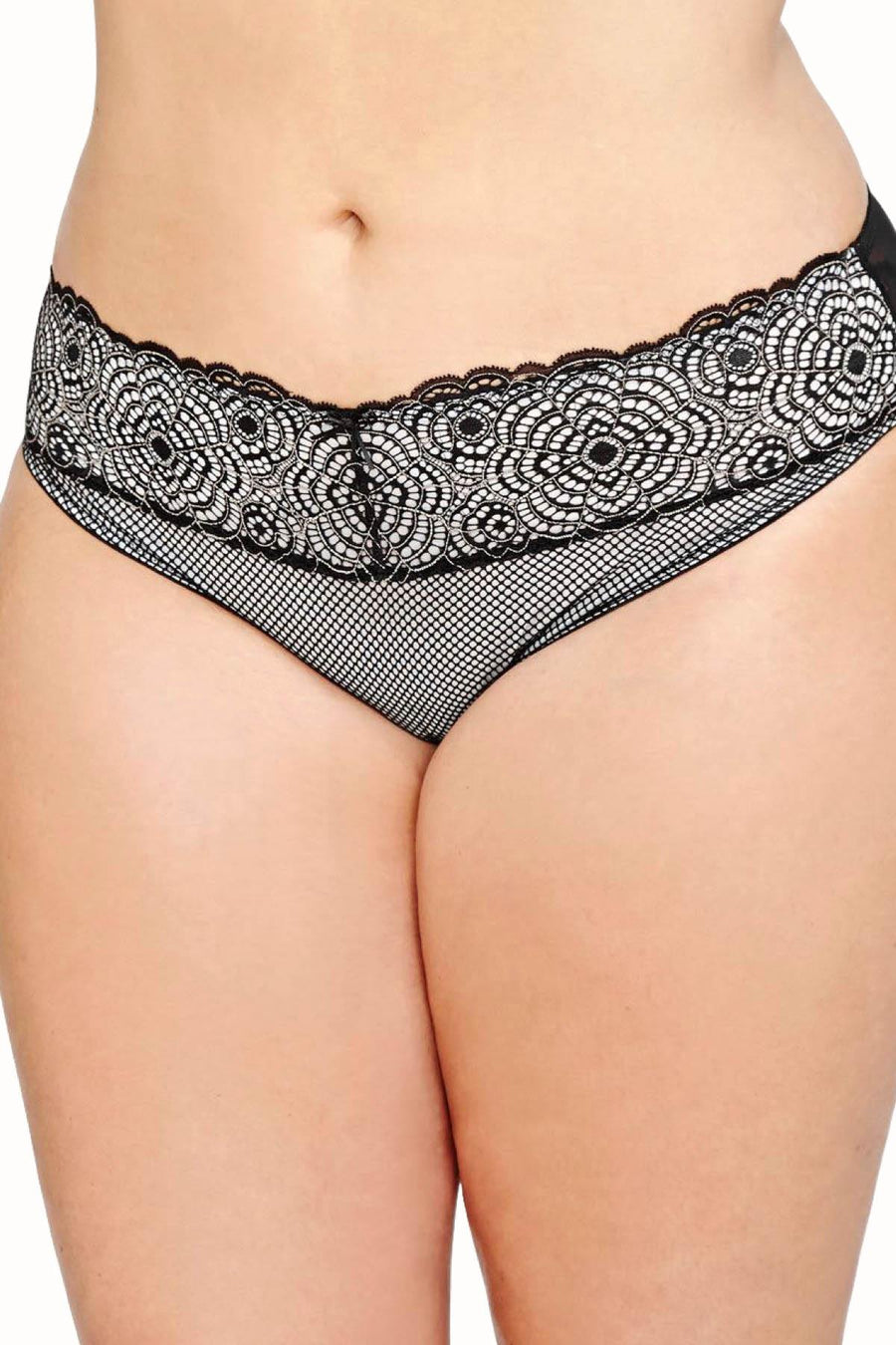 Ashley Graham PLUS Silver-Rain/Black Low-Rise Lace-Waist Bikini Brief