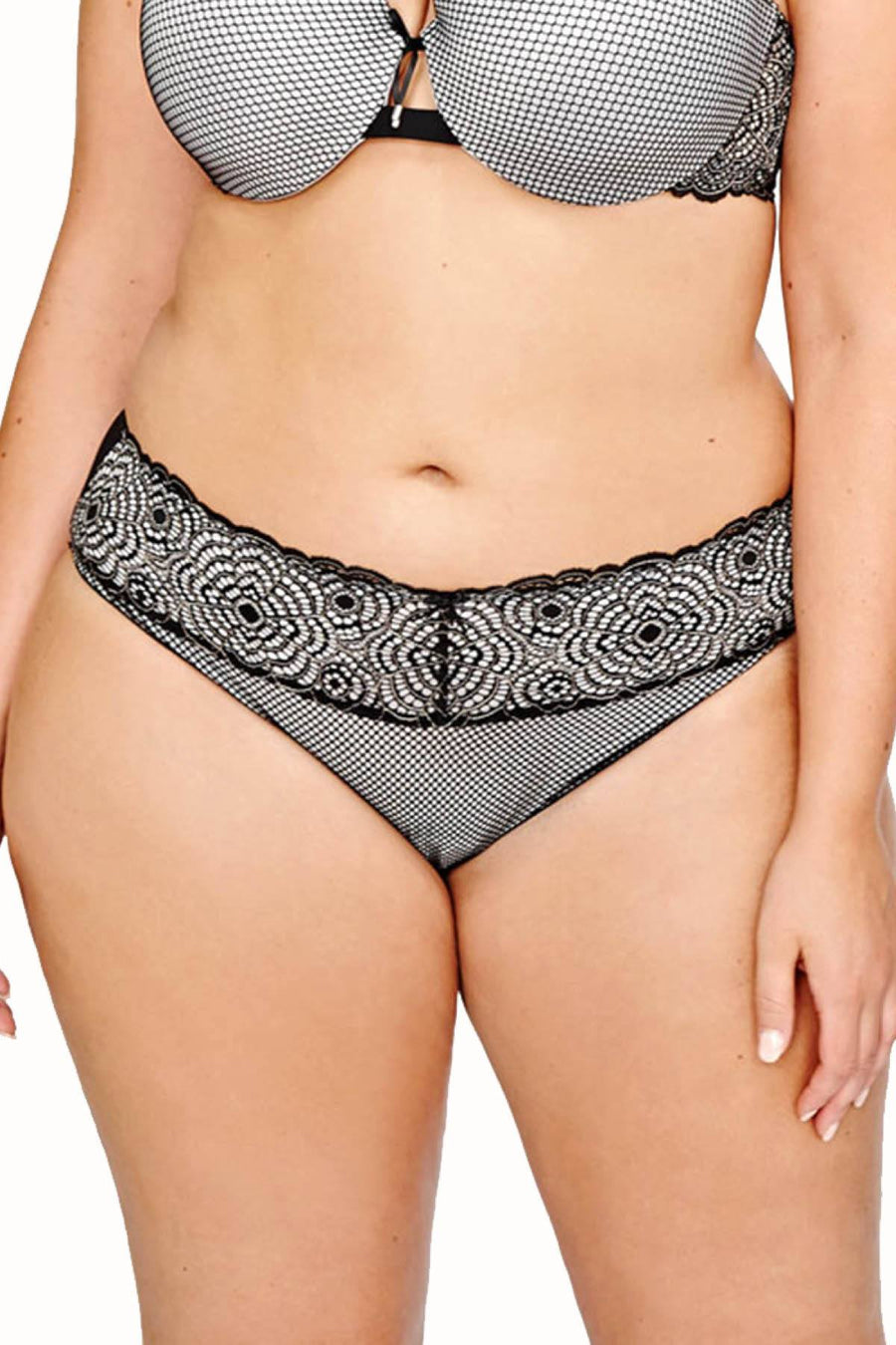 Ashley Graham PLUS Silver-Rain/Black Low-Rise Lace-Waist Bikini Brief