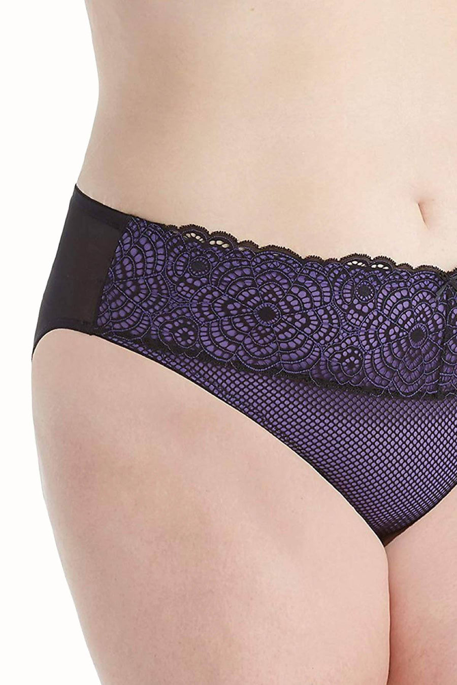 Ashley Graham Purple-Rain/Black Low-Rise Lace-Waist Bikini Brief