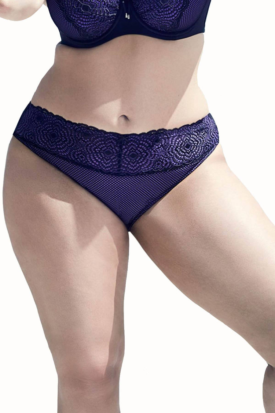 Ashley Graham Purple-Rain/Black Low-Rise Lace-Waist Bikini Brief