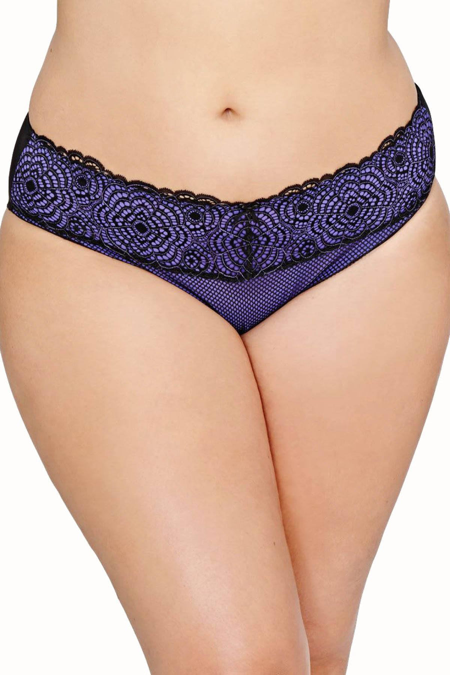 Ashley Graham Purple-Rain/Black Low-Rise Lace-Waist Bikini Brief