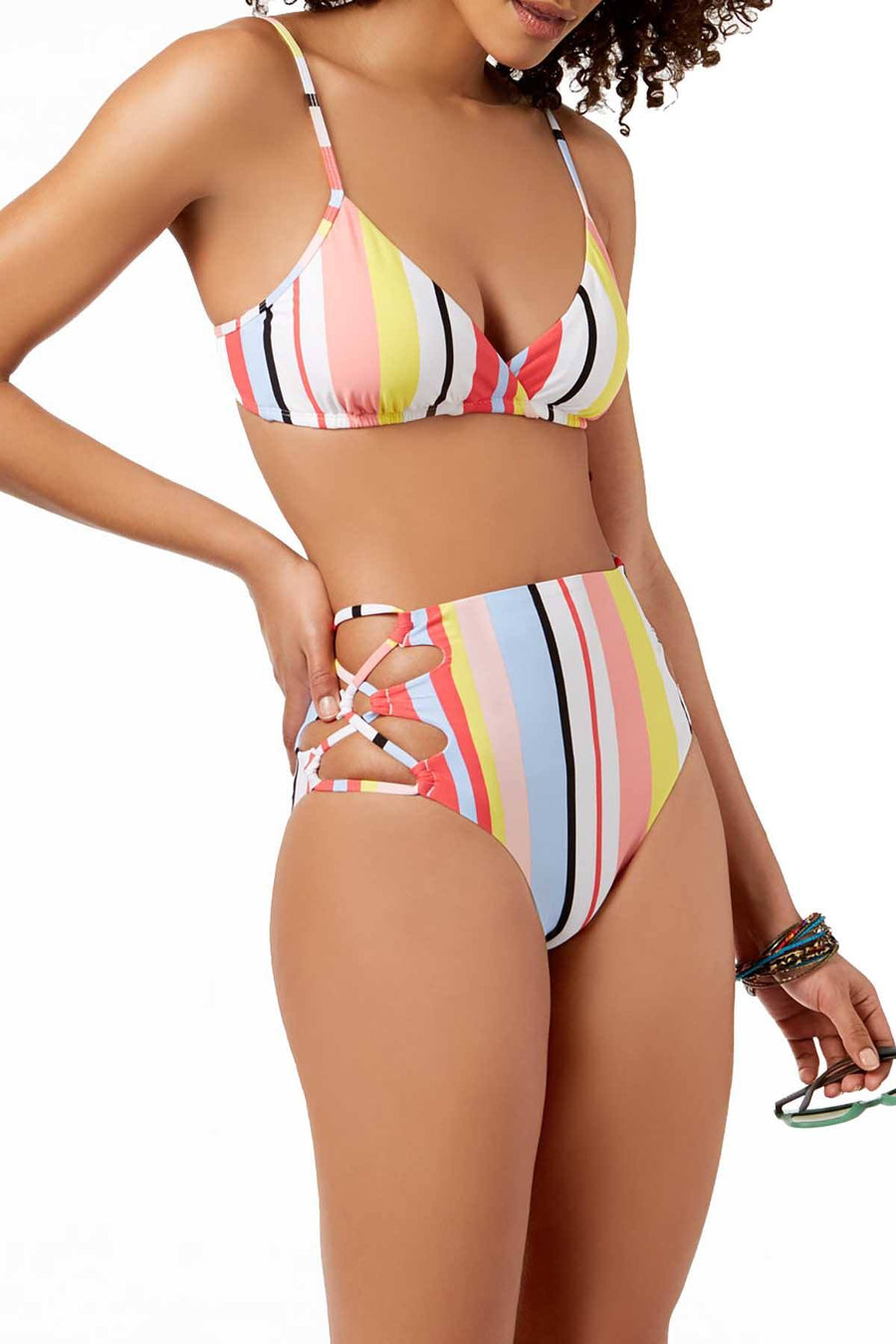 BAR III Bold Stripe Printed Lace-Up High-Waist Bikini Bottom