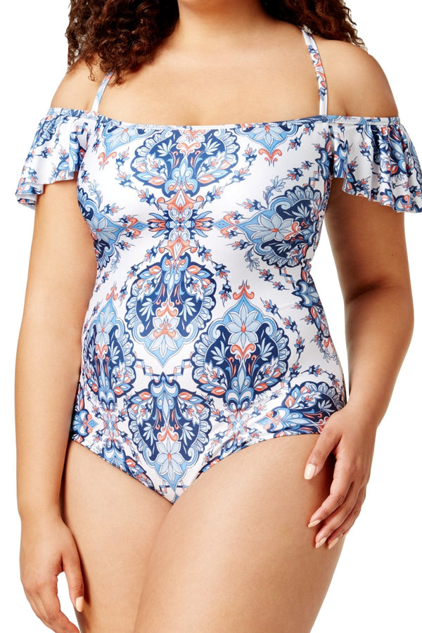 BECCA Etc. PLUS White/Multi Naples Off-Shoulder One-Piece Swimsuit