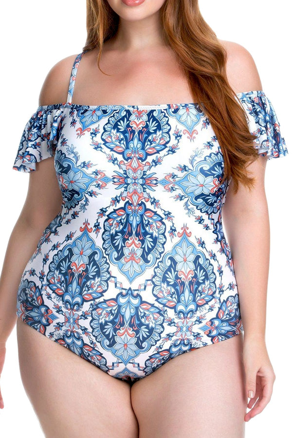 BECCA Etc. PLUS White/Multi Naples Off-Shoulder One-Piece Swimsuit