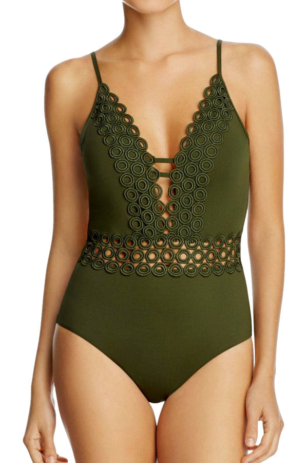 BECCA by Rebecca Virtue Bayleaf-Green Siren Plunging One-Piece Swimsuit