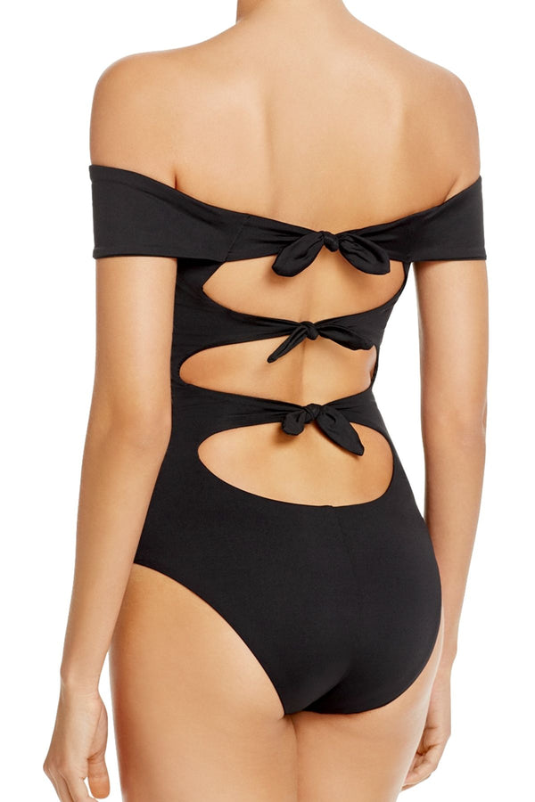 BECCA by Rebecca Virtue Black Socialite Off-Shoulder Bow-Back One-Piece Swimsuit