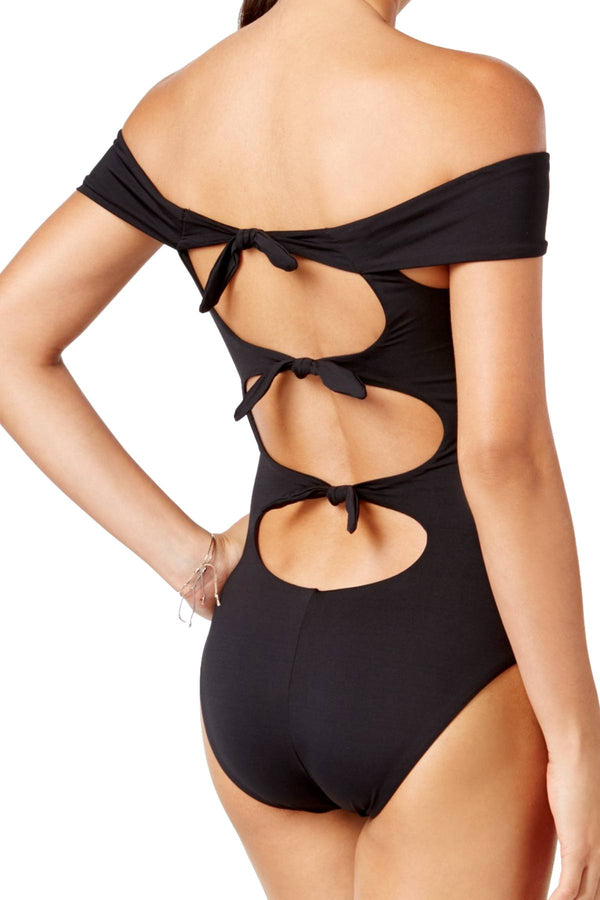 BECCA by Rebecca Virtue Black Socialite Off-Shoulder Bow-Back One-Piece Swimsuit