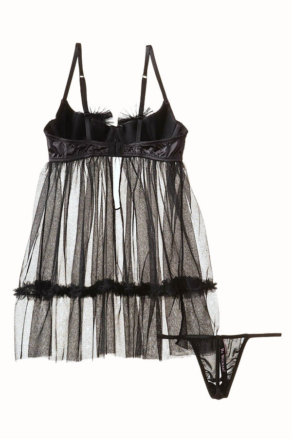 Be Wicked Black Satin/Sheer-Mesh 2-Piece Babydoll & Thong Set