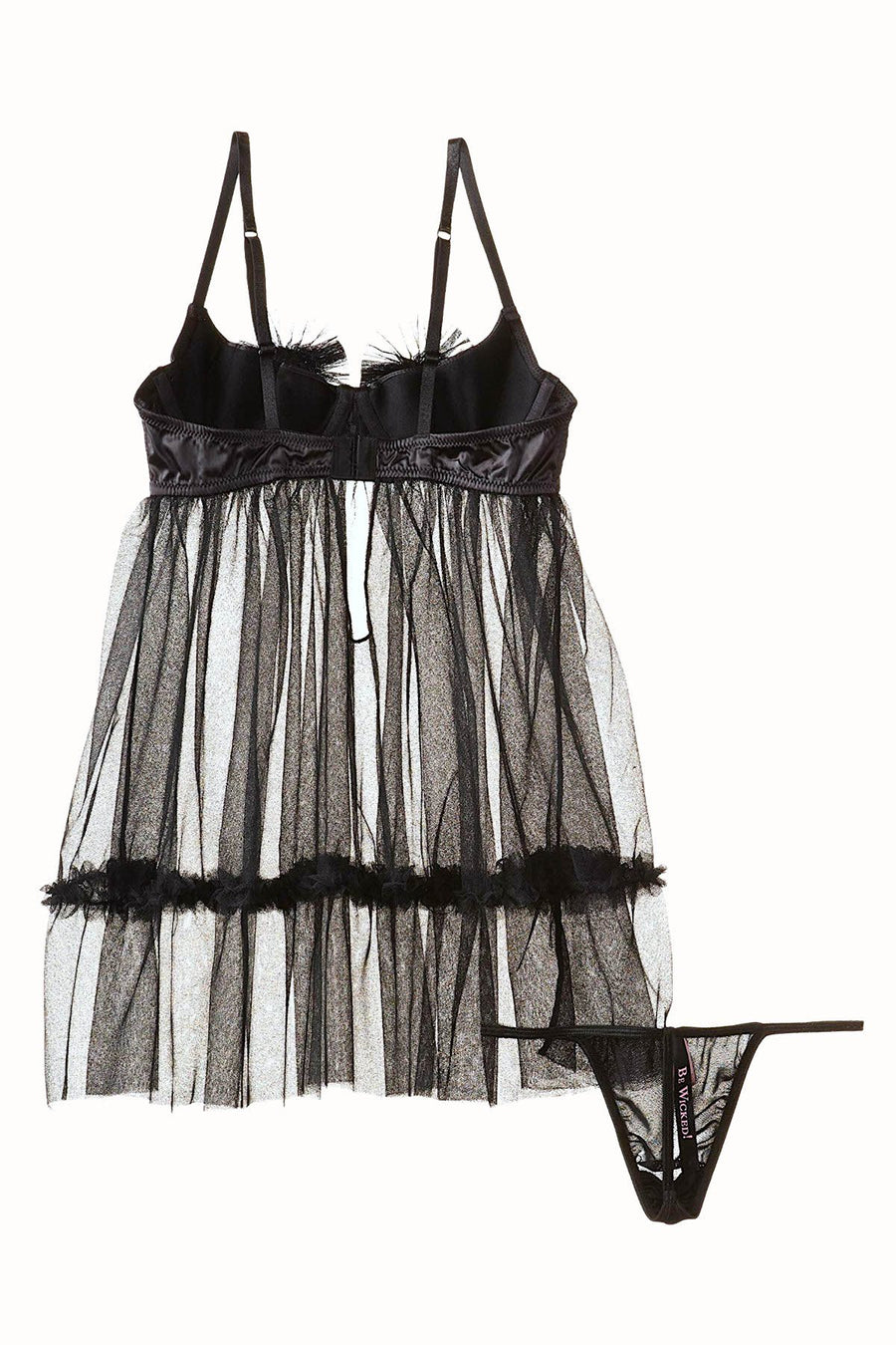 Be Wicked Black Satin/Sheer-Mesh 2-Piece Babydoll & Thong Set