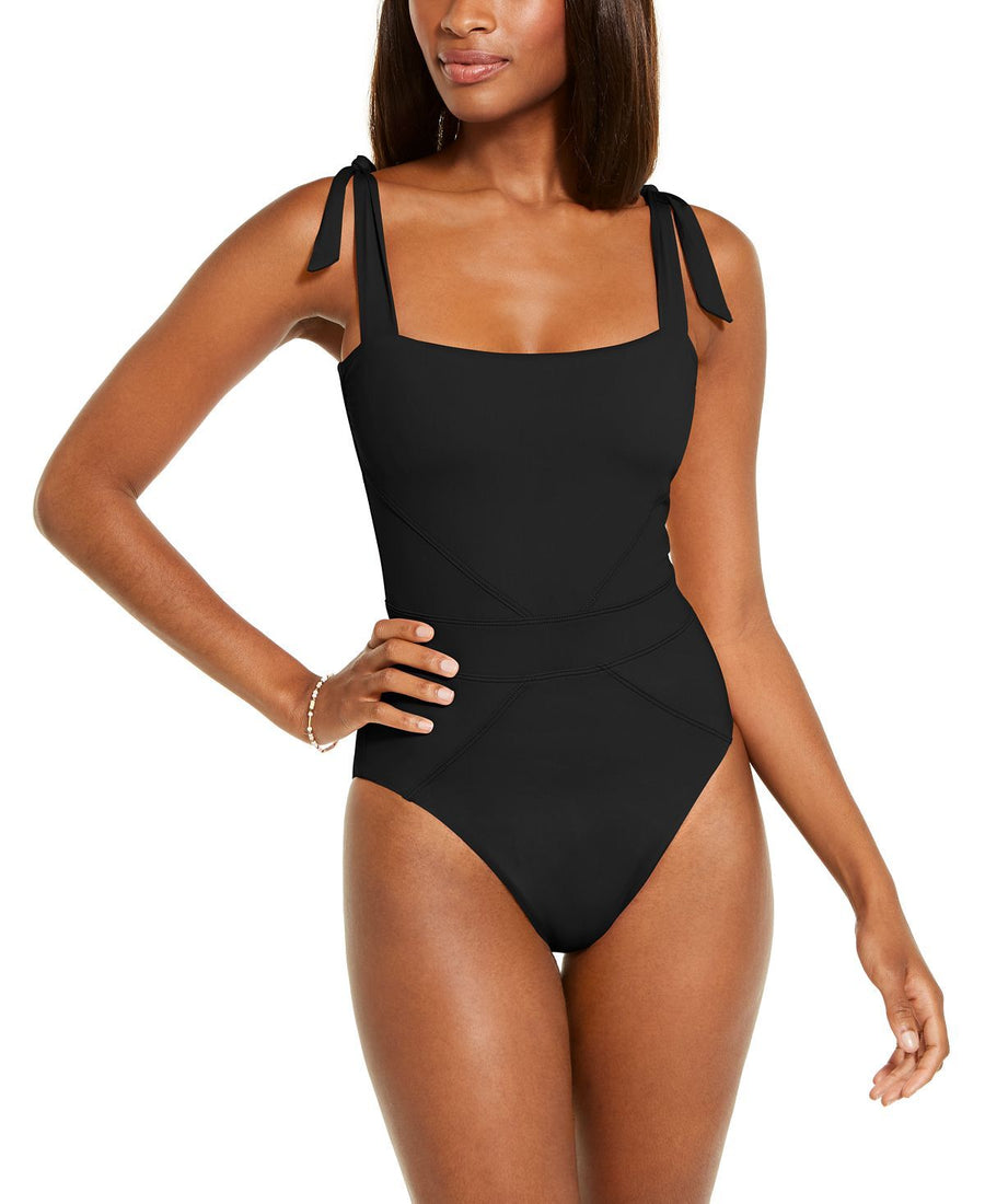 Becca Color Code Solid Tie Shoulder One-piece Swimsuit Black