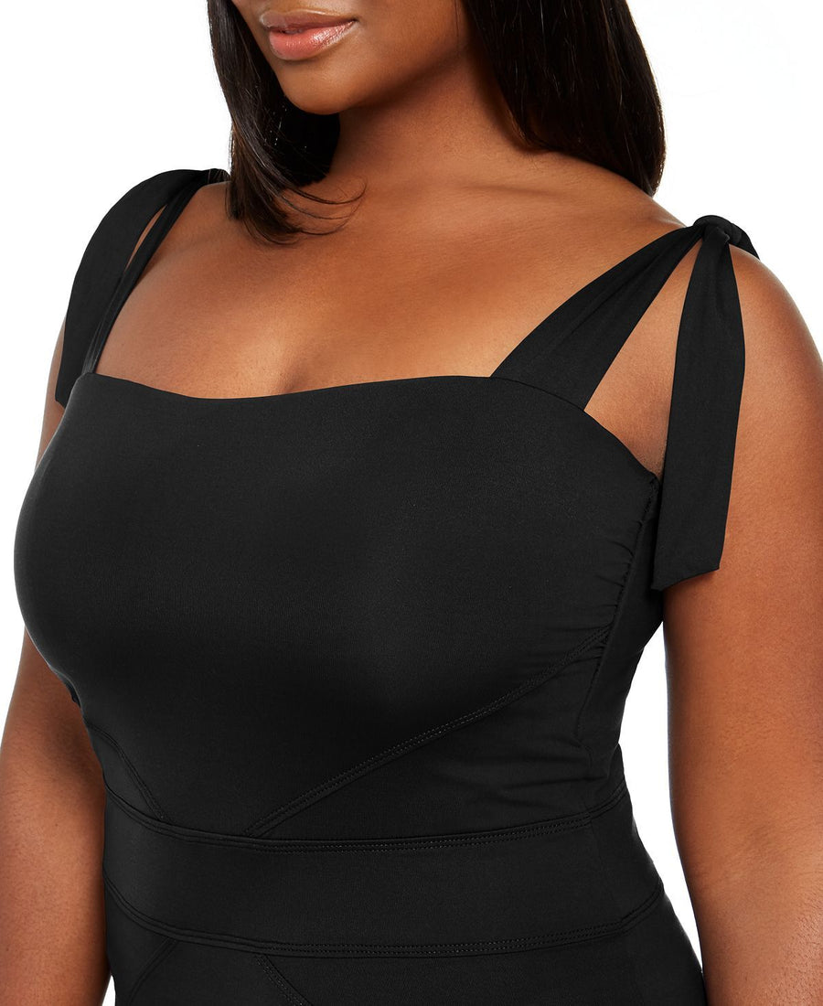 Becca Etc Plus Solid Color Code Tie Shoulder One-piece Swimsuit Black