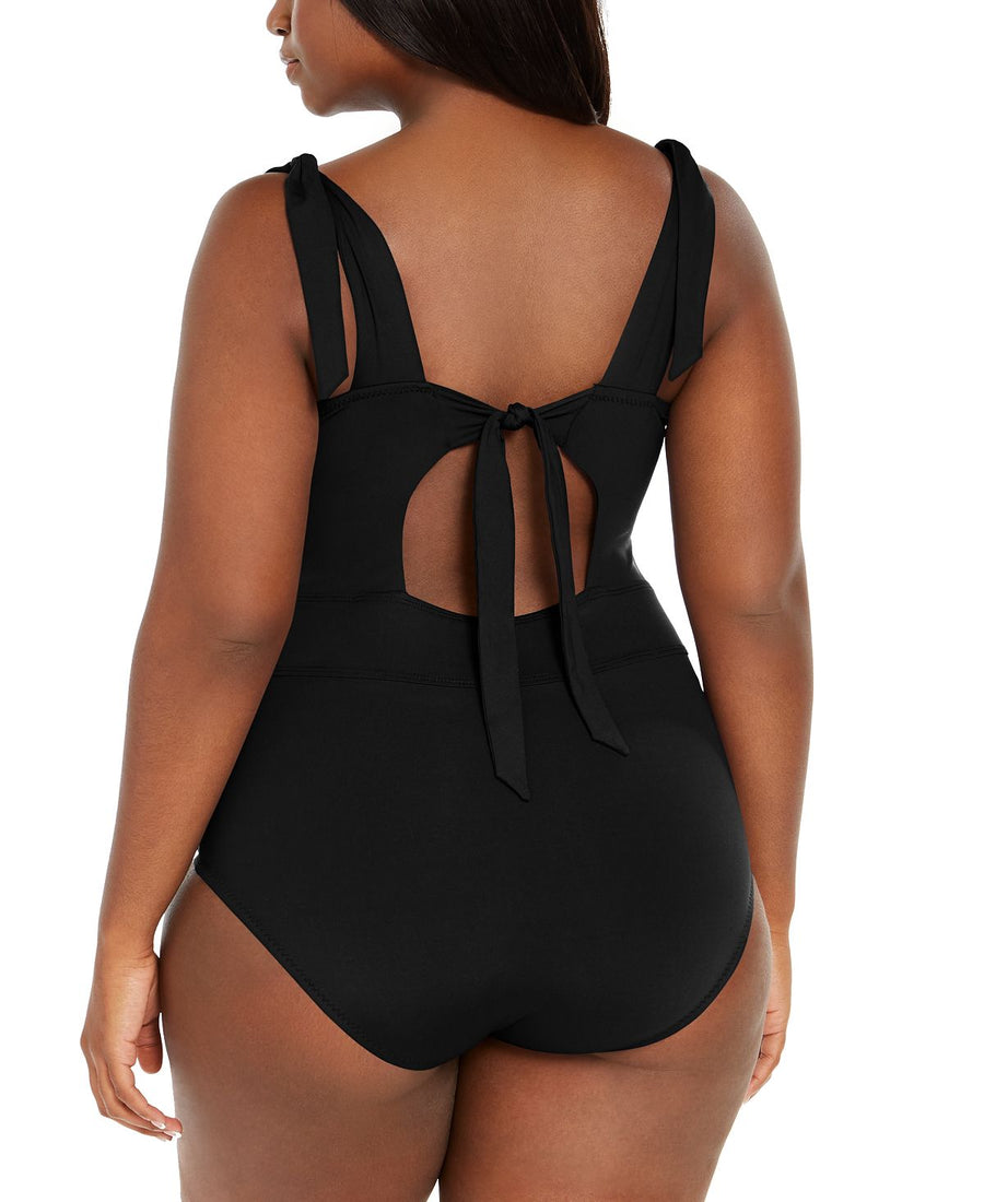 Becca Etc Plus Solid Color Code Tie Shoulder One-piece Swimsuit Black