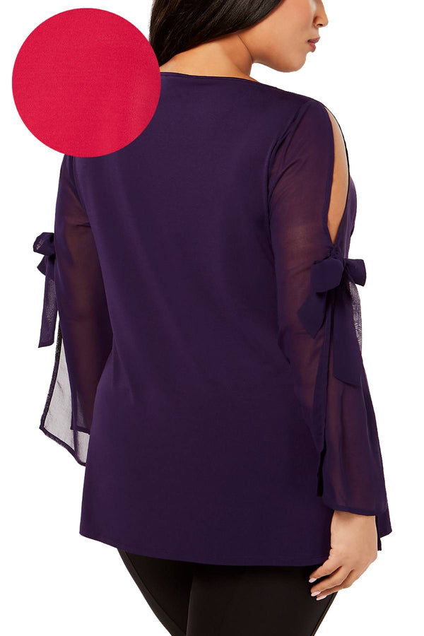 Belldini PLUS Lipstick-Pink Bowed Split-Sleeve Tunic Top