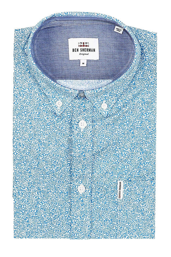 Ben Sherman Blue Summer-Sky Floral Printed Slim-Fit Button-Down Shirt