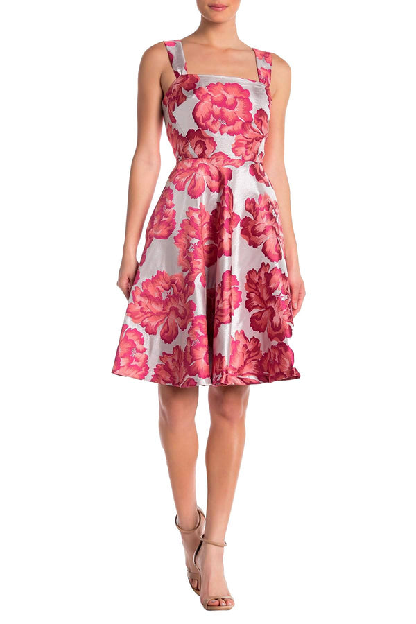 Betsey Johnson Pink/Silver-Shimmer Floral Jacquard Fit & Flare Party Dress