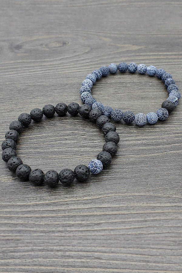 Blue Frosted Dragon's Vein Agate & Lava Stone Healing Bracelet 2-Pack