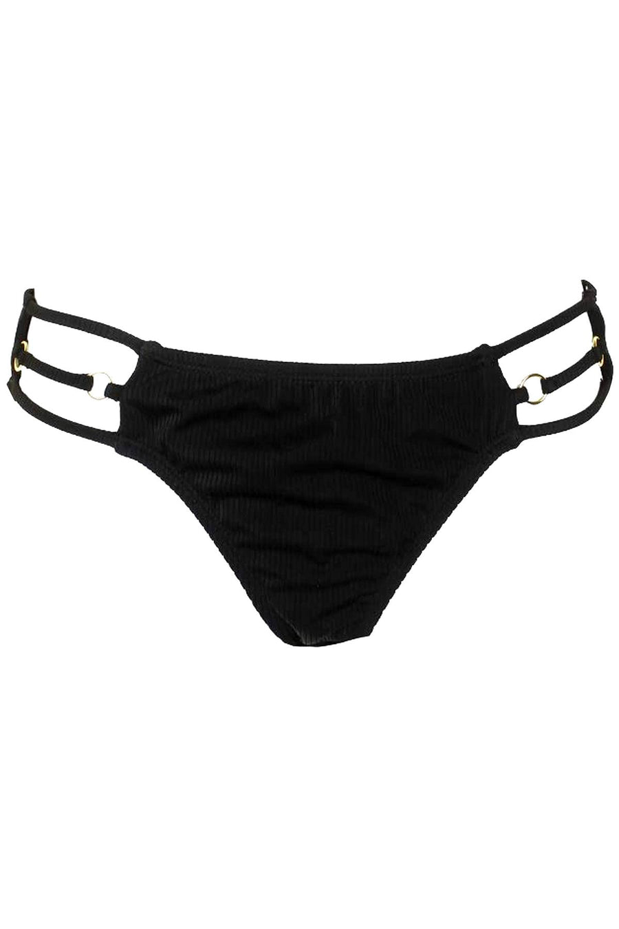 California Waves Black Ribbed Strappy Hipster Bikini Bottom
