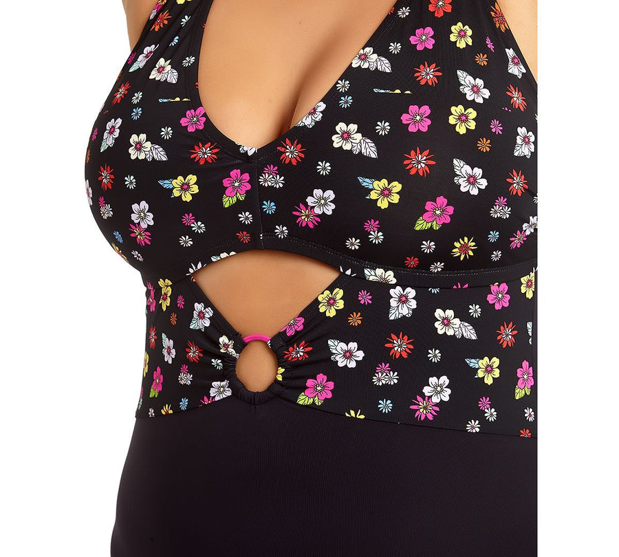 California Waves Trendy Plus Graceful Garden Printed Peekaboo Ring One-piece Swimsuit Graceful Garden
