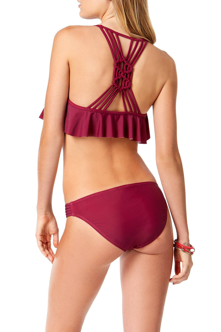 California Waves Wine Hypnotic Optic Strappy Back Flounced Bikini Top