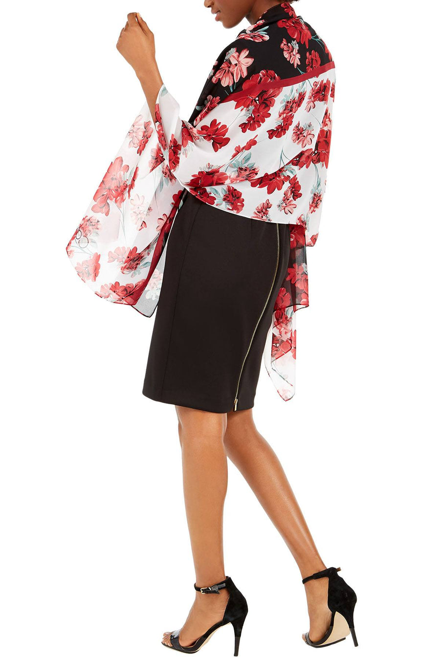 Calvin Klein Barn Red Color Block Floral Poly Chiffon Scarf