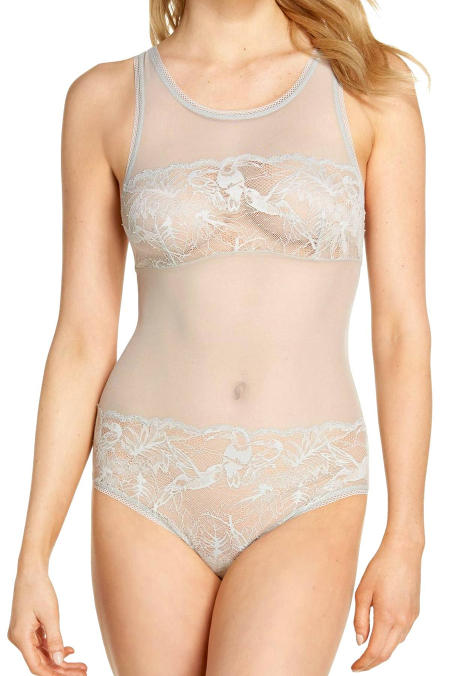 Calvin Klein Gaze-Grey Bird Sheer/Lace Bodysuit