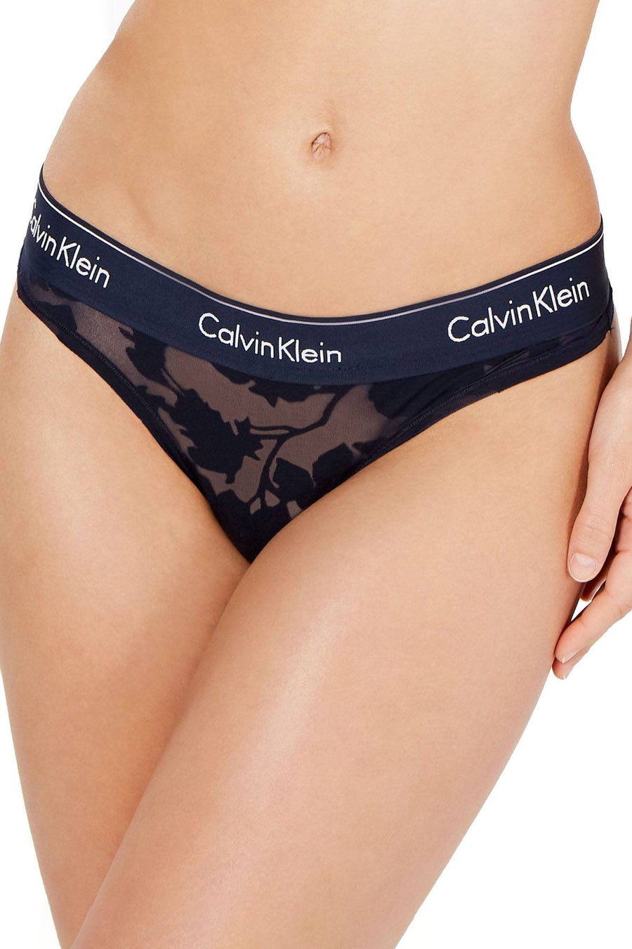 Calvin Klein Modern Cotton Thong in Navy Floral Burnout