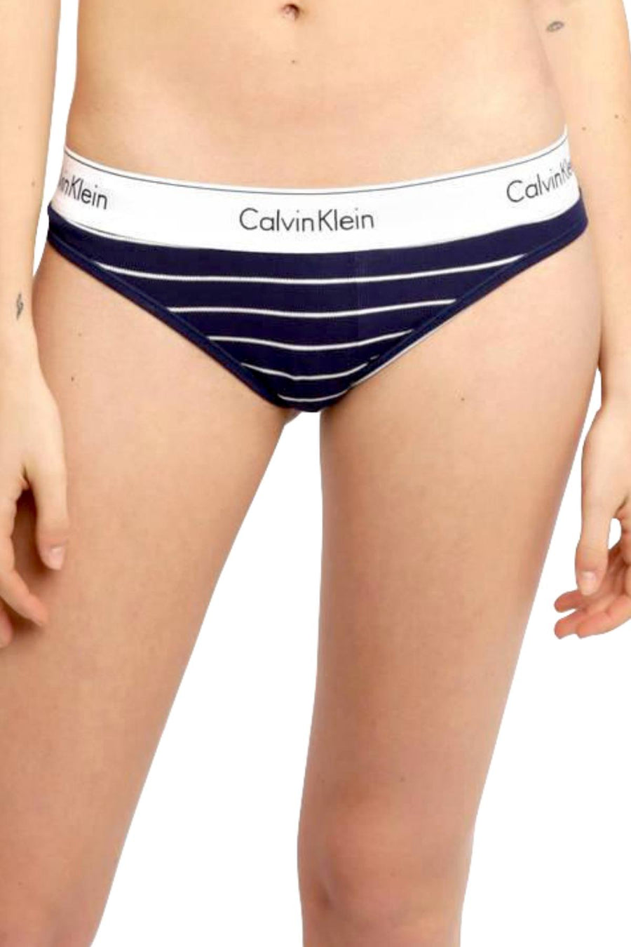 Calvin Klein Navy Simple-Stripe Modern Cotton Logo-Waist Thong