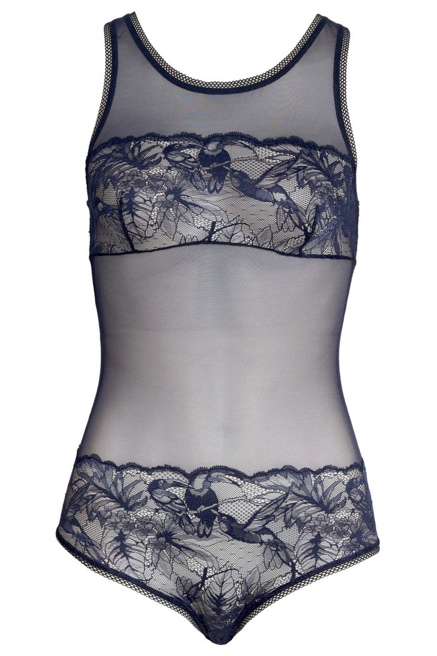 Calvin Klein Sleepwear Shoreline-Blue Sheer Bird-Lace Bodysuit